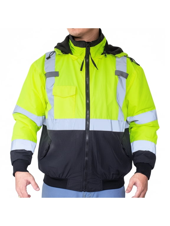 Men's High Visibility Safety Bomber Hooded Jacket, Fleece Lined-2008-Md