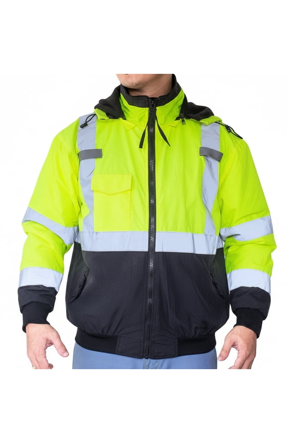 Men's High Visibility Safety Bomber Hooded Jacket, Fleece Lined-2008-XL