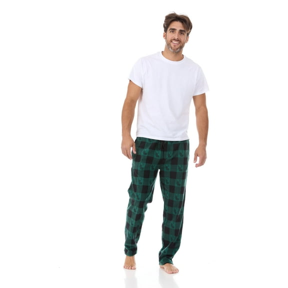 North 15 Men's Super Soft, Buffalo Plaid with Deer Head, Polar Fleece Lounge Pants-1233-Green-2XL