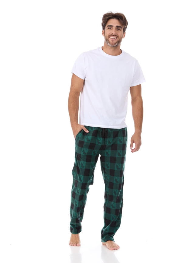 Men's Super Soft, Buffalo Plaid with Deer Head, Polar Fleece Lounge Pants-1233-Green-3XL