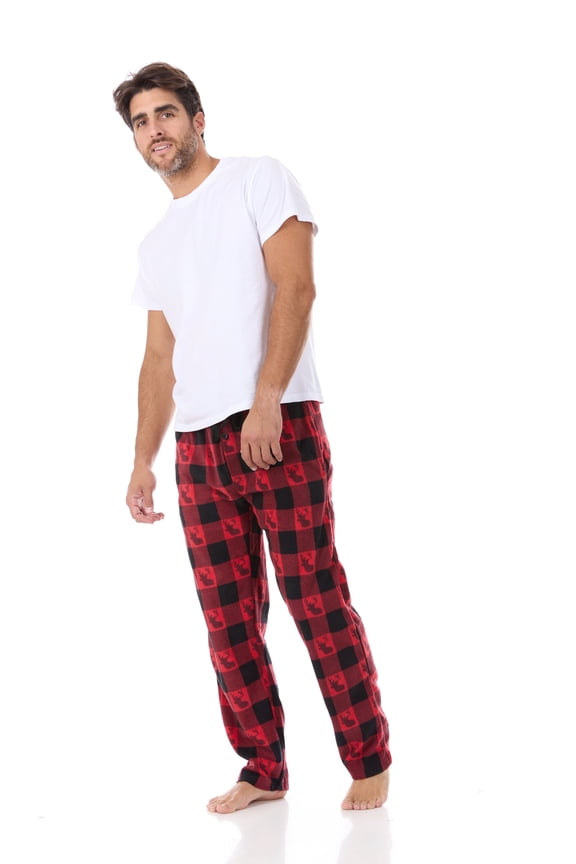 Men's Super Soft, Buffalo Plaid with Deer Head, Polar Fleece Lounge Pants-1233-Red-5XL