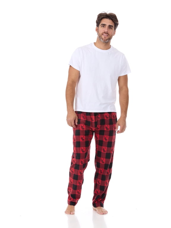 Men's Super Soft, Buffalo Plaid with Deer Head, Polar Fleece Lounge Pants-1233-Red-Lg