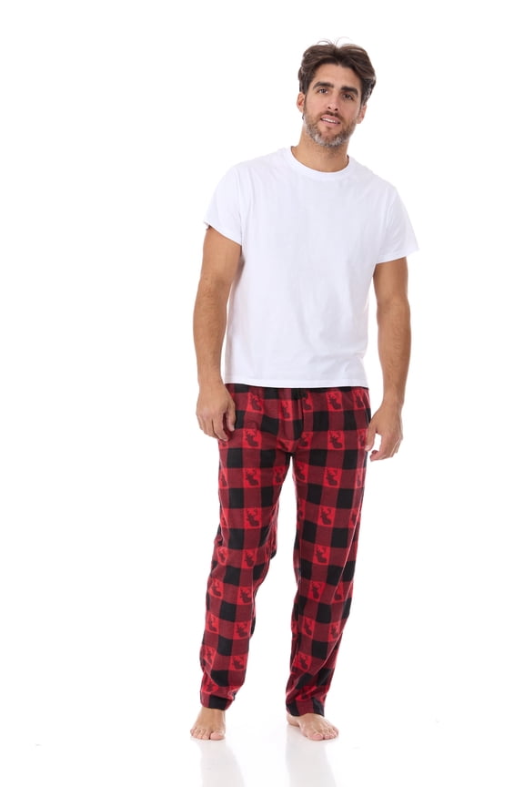 Men's Super Soft, Buffalo Plaid with Deer Head, Polar Fleece Lounge Pants-1233-Red-Med
