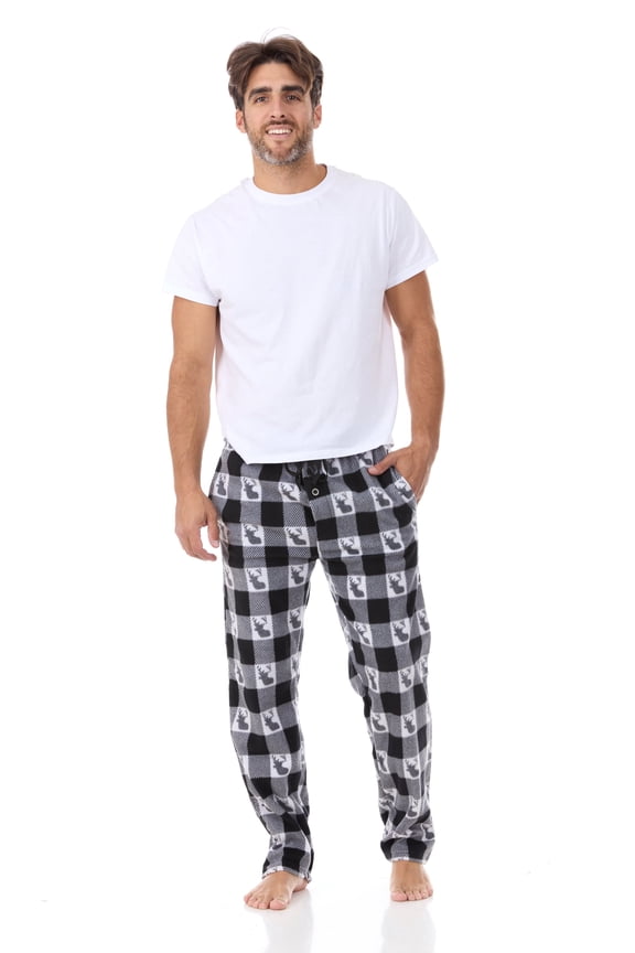 Men's Super Soft, Buffalo Plaid with Deer Head, Polar Fleece Lounge Pants-1233-White-4XL