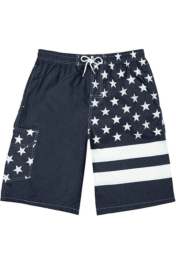 Men's USA American Flag Quick Dry Swim Trunk Boardshorts with Cargo Pokcet-7105-Grey-L