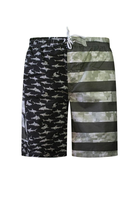 Men's USA Flag Shark Design Microfiber Swim Trunk Boardshorts with Cargo Pocket-7114-Black-XL
