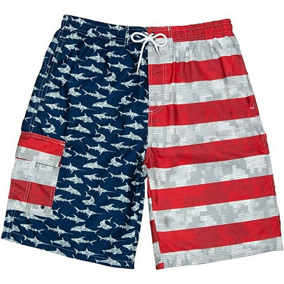 North 15 Men's USA Flag Shark Design Microfiber Swim Trunk Boardshorts with Cargo Pocket-7114-Print1-2XL