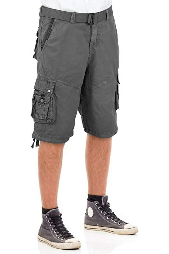 Mens Belted Cotton Military Style Multi Pocket Cargo Short-13006-Gry-36