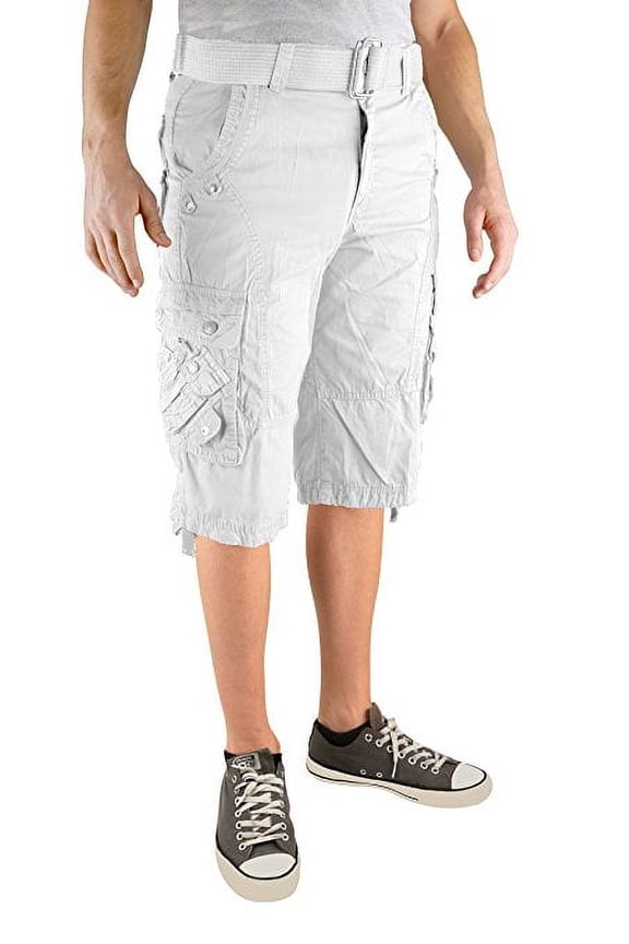 Mens Cotton Fashion Multi Pocket Belted Cargo Short-13015-Wht-50