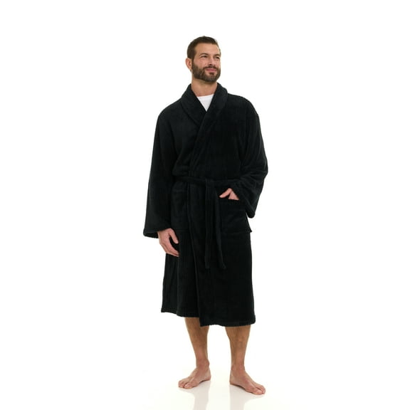 North 15 Mens Plush Soft Cozy Fleece Bathrobe - Black -One size