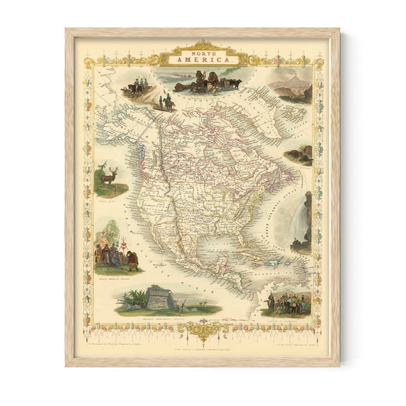 North America 1851 Antique Map Wall Art 16x20 Framed Poster Ready to Hang Vintage Cartography Atlas Illustration Historical Geography Exploration Travel History Decor for Library Study Home Office