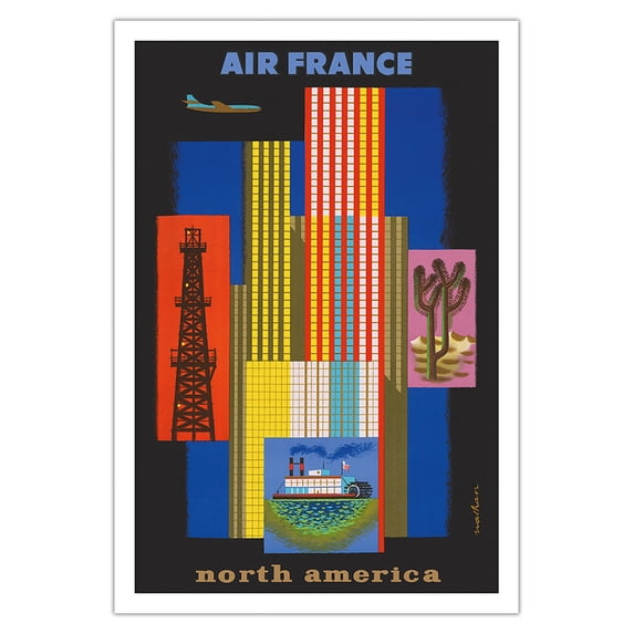 North America - France - Vintage Airline Travel Poster by Jacques Nathan-Garamond c.1958 - Fine Art Matte Paper Print (Unframed) 30x44in