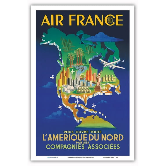North America (L'Amérique Du Nord) - Illustrated Map - France - Vintage Airline Travel Poster by Plaquet c.1951 - Master Art Print (Unframed) 12in x 18in