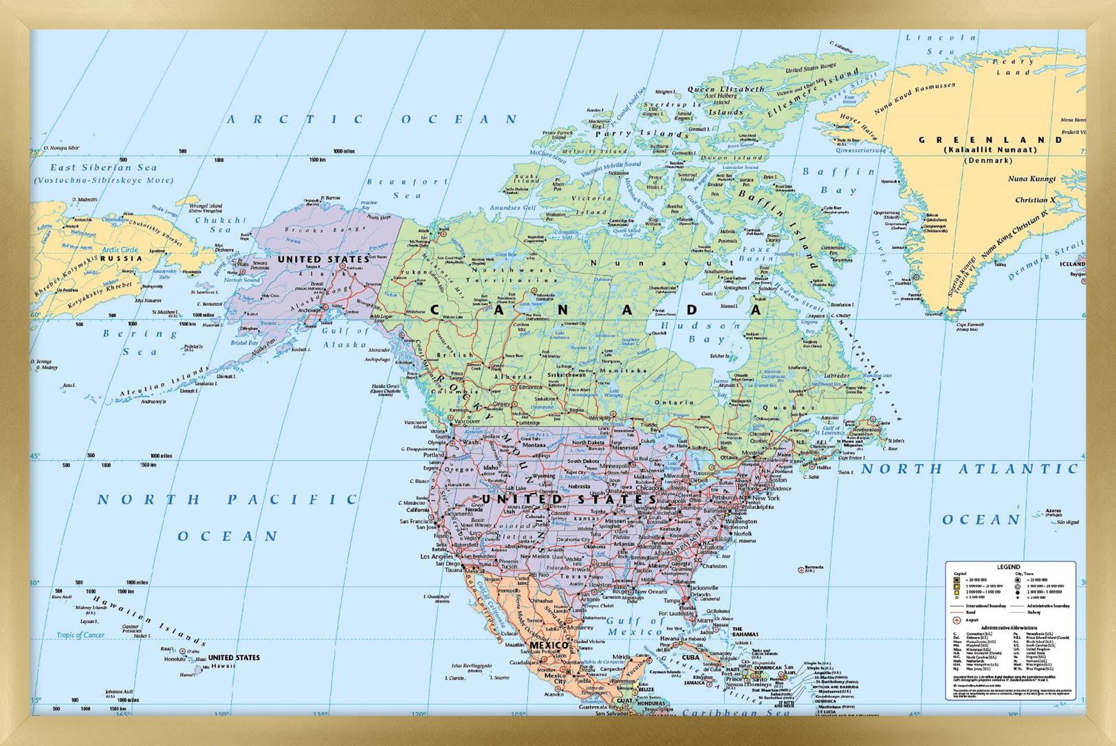 North America Map 2023 Wall Poster, 14.725" x 22.375" Framed