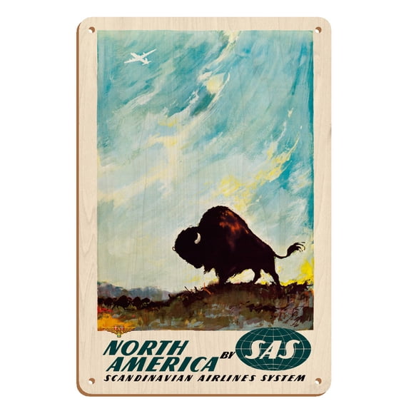 North America - by SAS Scandinavian Airlines System - American Bison (Buffalo) - Vintage Airline Travel Poster by Otto Nielsen c.1958 - 8 x 12 inch Vintage Wood Art Sign