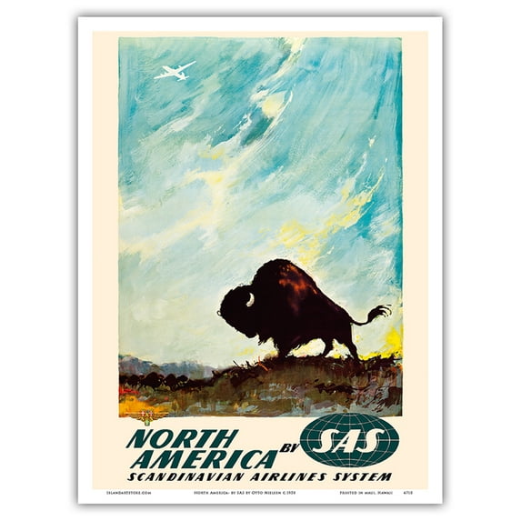 North America - by SAS Scandinavian Airlines System - American Bison (Buffalo) - Vintage Airline Travel Poster by Otto Nielsen c.1958 - Master Art Print (Unframed) 9in x 12in