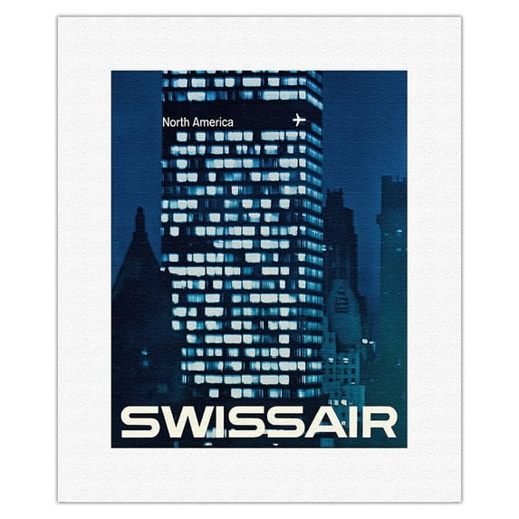North America - SwissAir - Vintage Airline Travel Poster by Manfred Bingler c.1964 - Fine Art Rolled Canvas Print 11in x 14in