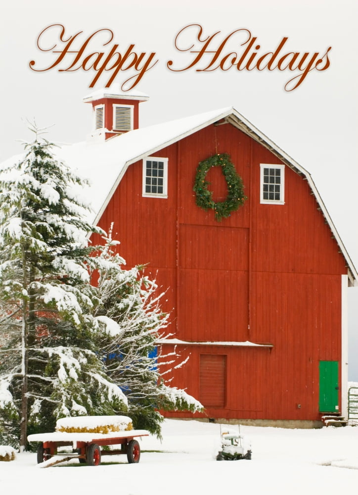 North America USA WA Whidbey Island Festive red barn in fresh snow Canvas Art - Trish Drury Danita Delimont (22 x 30)
