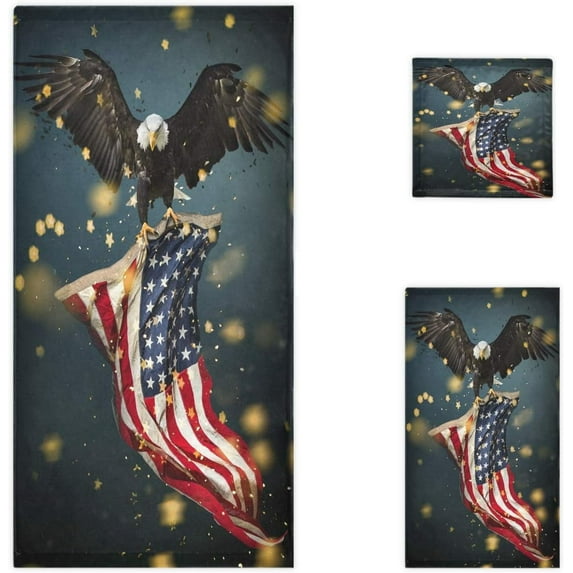 North American 4th July Vulture with Flag Soft Luxury Decorative Set of 3 Towels, 1 Bath Towel+1 Hand Towel+1 Washcloth, Multipurpose for Bathroom, Hotel, Gym, Spa and Kitchen