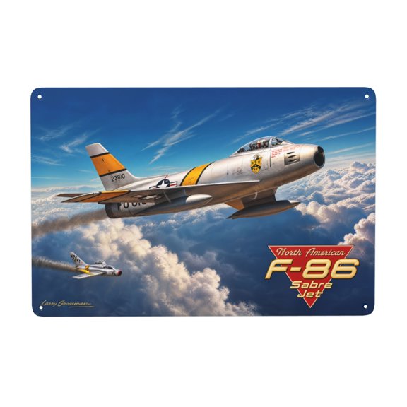 North American F-86 Sabre Jet Metal Wall Decor Sign, Vintage Aviation Design, 8x12 Inch, Pre-Drilled Holes, Easy Hanging, Indoor/Outdoor Home Plaque, Weather Resistant, Rustic Style