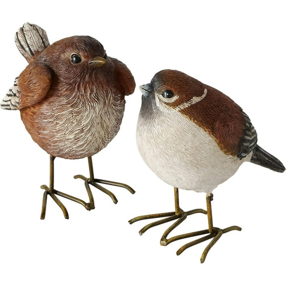 North American Song Sparrows, Set of 2, Bird Figurines, Rustic Brown and White, Detailed Feathers, Table Top Accent Figurines, Hand Cast Poly Resin, 3.5 Inches