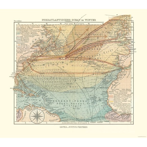 Historic Nautical Map - North Atlantic Ocean in Winter - Perthes 1914 - Vintage Wall Art