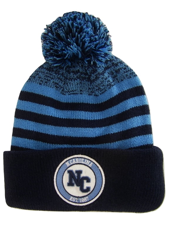 North Carolina Adult Size Striped Winter Knit Beanie Hats (Navy/Light Blue)