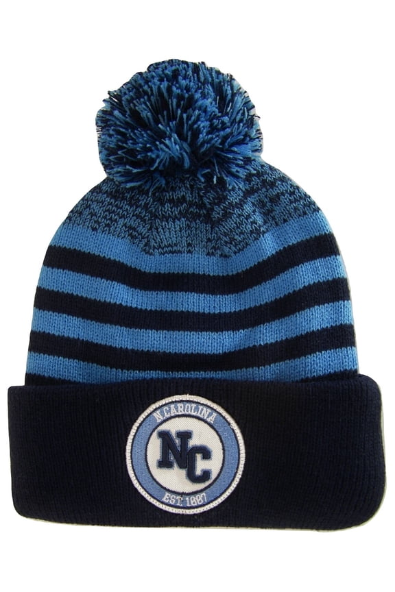 North Carolina Adult Size Striped Winter Knit Beanie Hats (Navy/Light Blue)