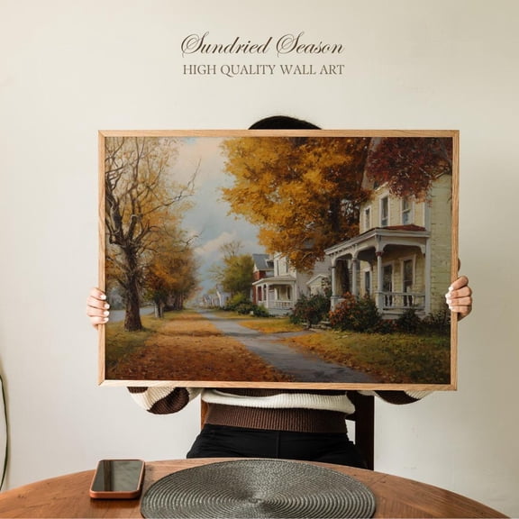 North Carolina Autumn Street Art Small Town Houses Fall Trees Landscape Decor