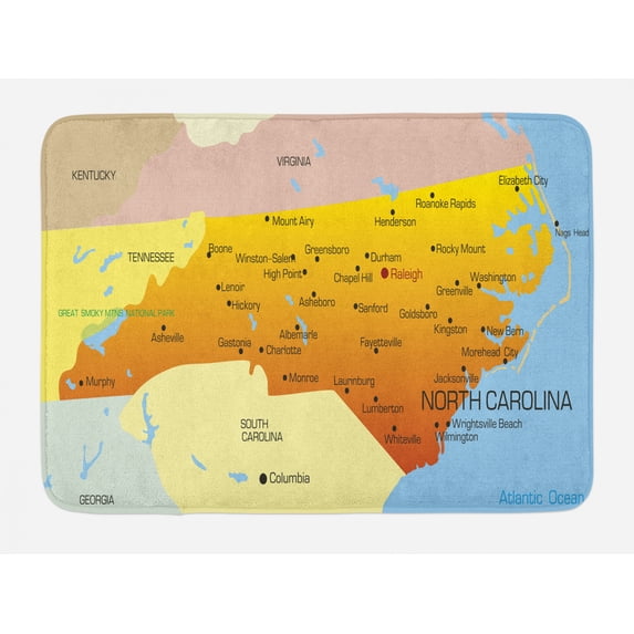 North Carolina Bath Mat, Map of an American State by Atlantic Ocean National Borders Illustration, Plush Bathroom Decor Mat with Non Slip Backing, 29.5" X 17.5", Multicolor, by Ambesonne