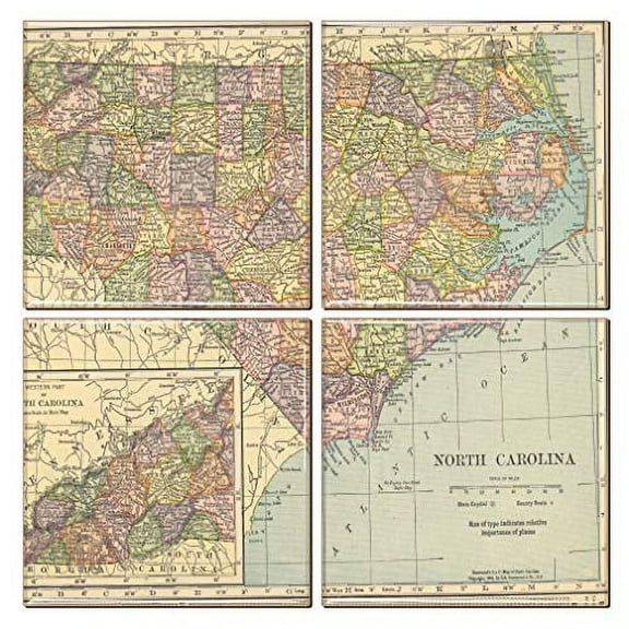 North Carolina Coaster of Vintage Map (Set of 4)