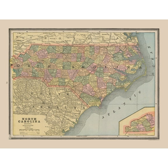 Historic State Map - North Carolina - Cram 1888 - 29.96 x 23 - Vintage Wall Art