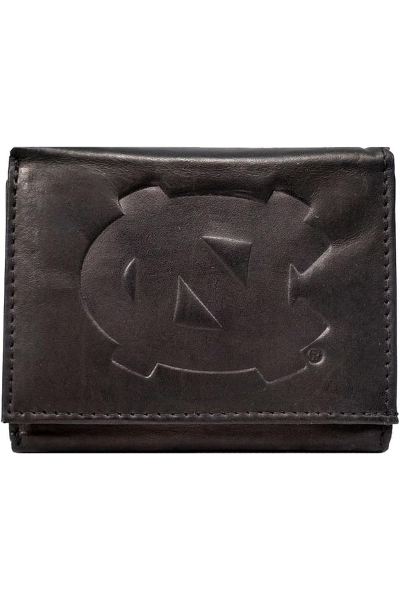 North Carolina - Distressed Look - Tar Heels Embossed Logo Black Leather Trifold Wallet