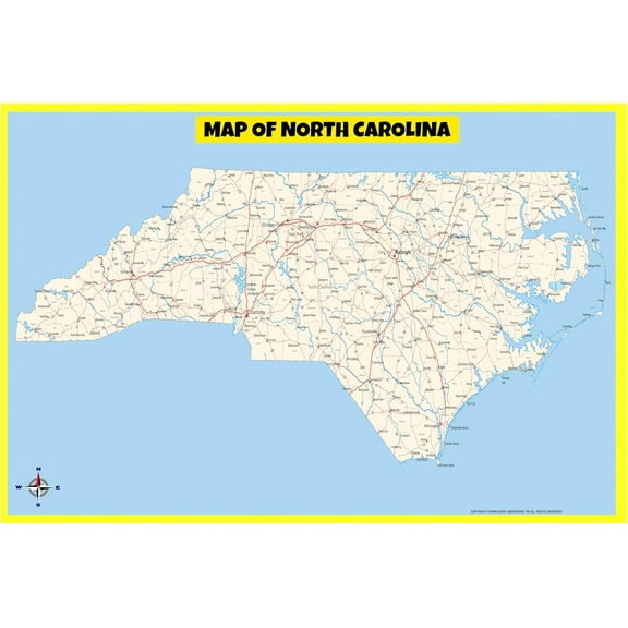 North Carolina Map Poster - Laminated Wall Map - Style C - 36x60 - Ideal for Classrooms and Homes – Features Bright Colors and Vivid Imagery