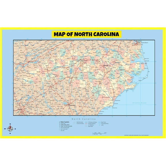 North Carolina Map Poster - Laminated Wall Map - Style D - 18x24 - Ideal for Classrooms and Homes – Features Bright Colors and Vivid Imagery