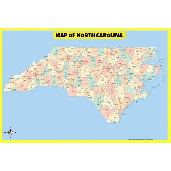 North Carolina Map Poster - Laminated Wall Map - Style E - 18x24 - Ideal for Classrooms and Homes – Features Bright Colors and Vivid Imagery