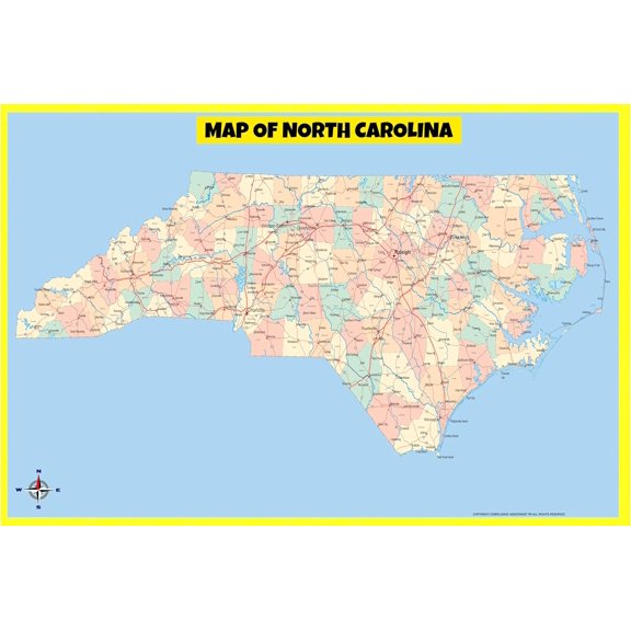 North Carolina Map Poster - Laminated Wall Map - Style E - 20x30 - Ideal for Classrooms and Homes – Features Bright Colors and Vivid Imagery