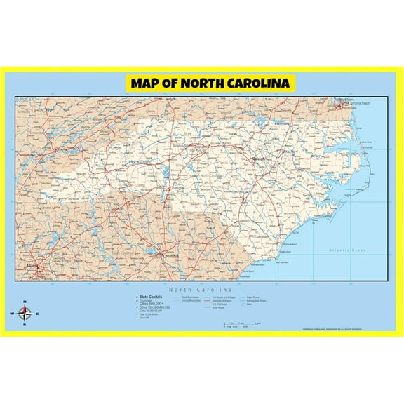 North Carolina Map Poster - Laminated Wall Map - Style F - 36x60 - Ideal for Classrooms and Homes – Features Bright Colors and Vivid Imagery
