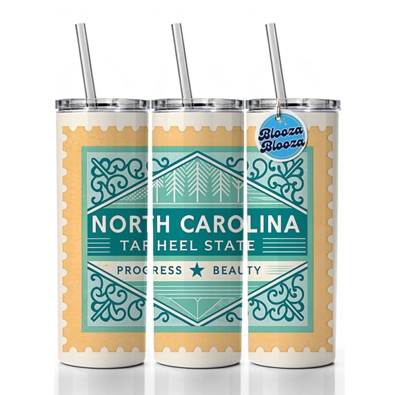 North Carolina NC Tar Heel State Progress Beauty Travel Vacation Stamp 20oz Insulated Water Bottle Skinny Tumbler Includes Straw