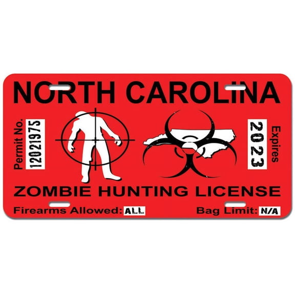 North Carolina NC Zombie Hunting License Permit Red - Biohazard Response Team Novelty Metal Vanity License Tag Plate