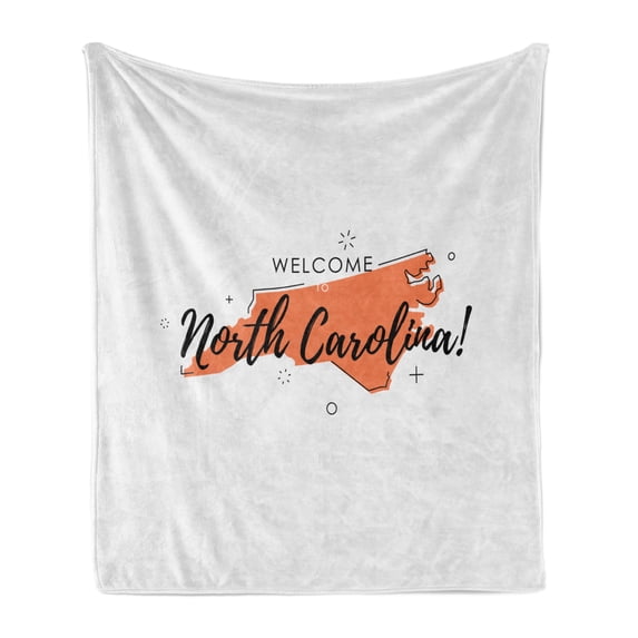 North Carolina Soft Flannel Fleece Throw Blanket, Welcome Sign for Entering United States of America with Map View, Cozy Plush for Indoor and Outdoor Use, 70" x 90", Salmon Black White, by Ambesonne
