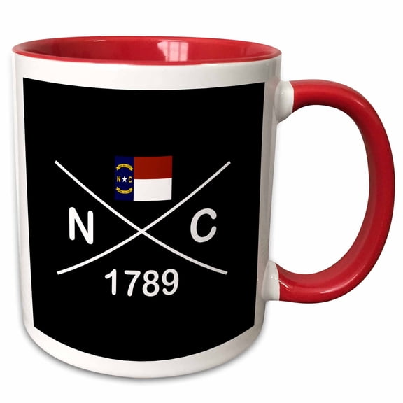 3drose, North Carolina State Abbreviation, Statehood, and Flag Art on Black., 11oz Two-tone Red Mug