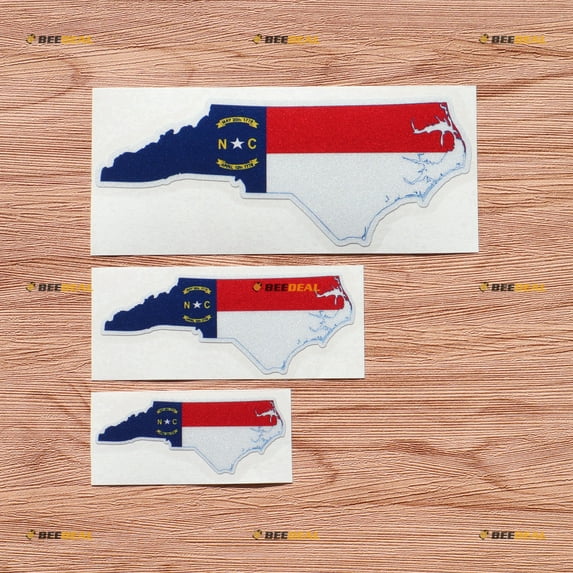 North Carolina State Flag Map Outline Vinyl Decal Sticker - 3 Pack Reflective, 3 Inches, 4 Inches, 6 Inches - for Car Boat Laptop Cup Phone