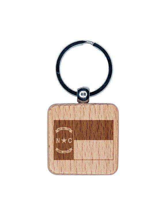 North Carolina State Flag Square Keychain Charm Tag - Engraved Wood