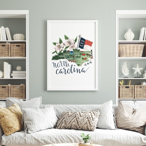 North Carolina State Map Hometown Landmark Illustrated Decorative Wall Art Poster