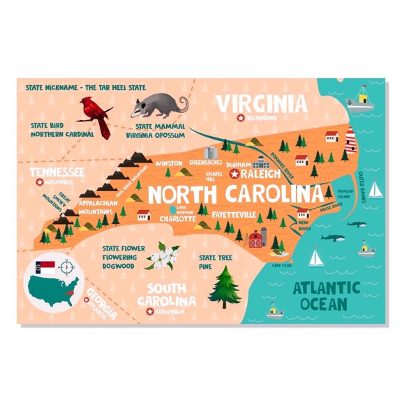 Birdy Boutique North Carolina Map Tapestry – 60" x 40" Educational Wall Hanging for Kids – State Landmarks, Cities, & Fun Facts – Lightweight & Easy to Hang Classroom or Homeschool Decor