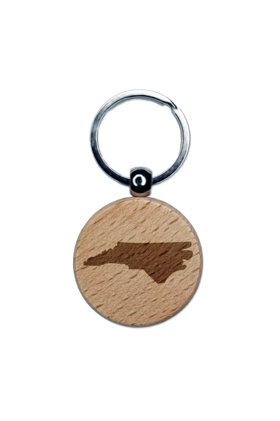 North Carolina State Silhouette Round Keychain Charm Tag - Engraved Wood