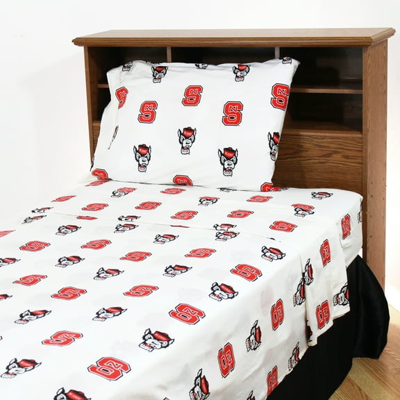 North Carolina State Wolfpack 100% cotton, 4 piece sheet set - flat sheet, fitted sheet, 2 pillow cases, King, White