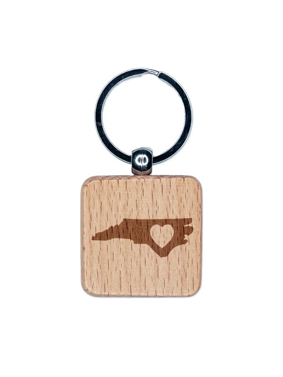 North Carolina State with Heart Square Keychain Charm Tag - Engraved Wood