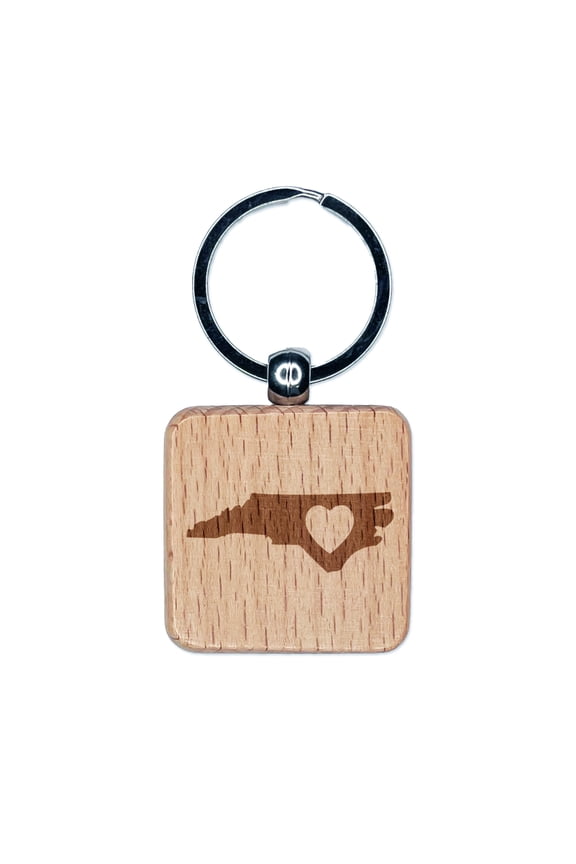 North Carolina State with Heart Square Keychain Charm Tag - Engraved Wood